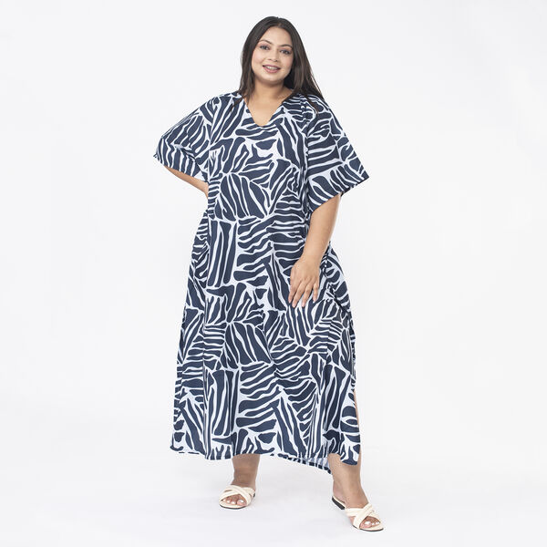 Tamsy Abstract Printed Kaftan (One Size) - Navy & Light Blue