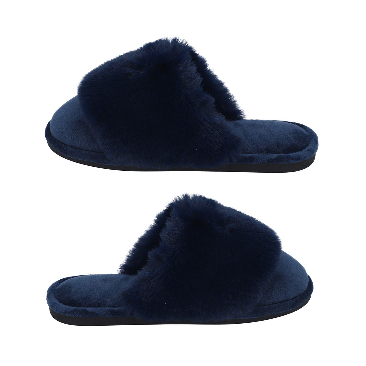 Rabbit Faux Fur Slipper with Waterproof TPR Proctection (Size 3-4) - Navy Blue