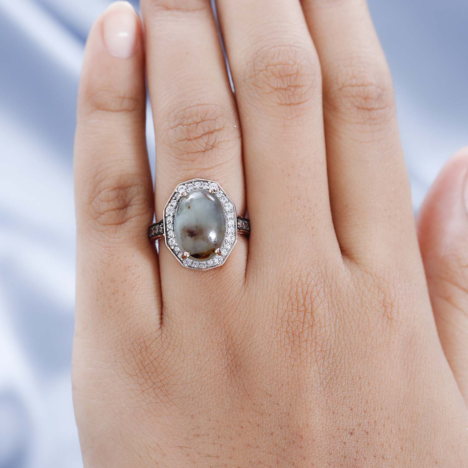 Zimbaprase, Natural White Zircon and Brown Zircon Ring in 18K Vermeil Rose Gold Plated Sterling Silver 6.60 Ct.