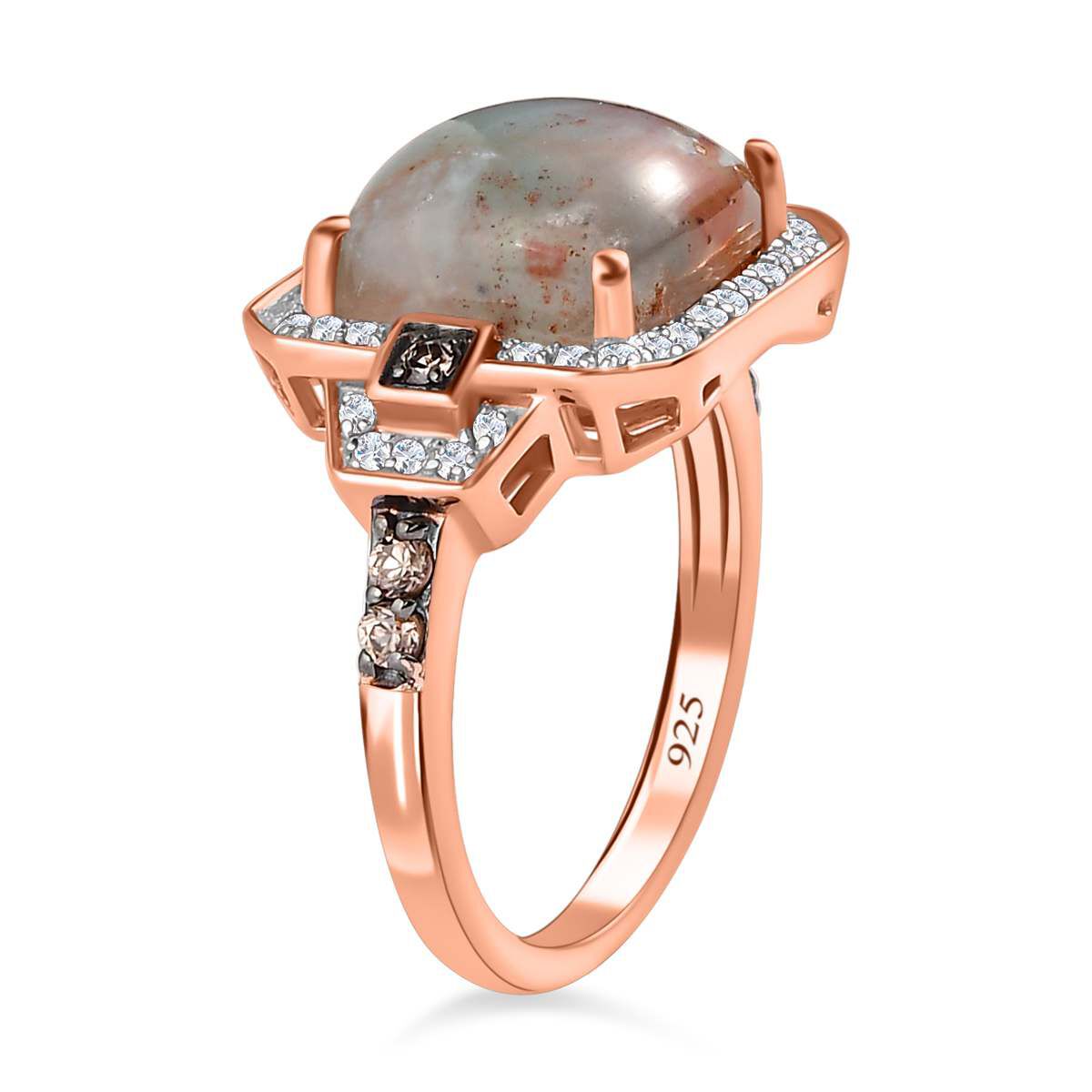 Zimbaprase, Natural White Zircon and Brown Zircon Ring in 18K Vermeil Rose Gold Plated Sterling Silver 6.88 Ct
