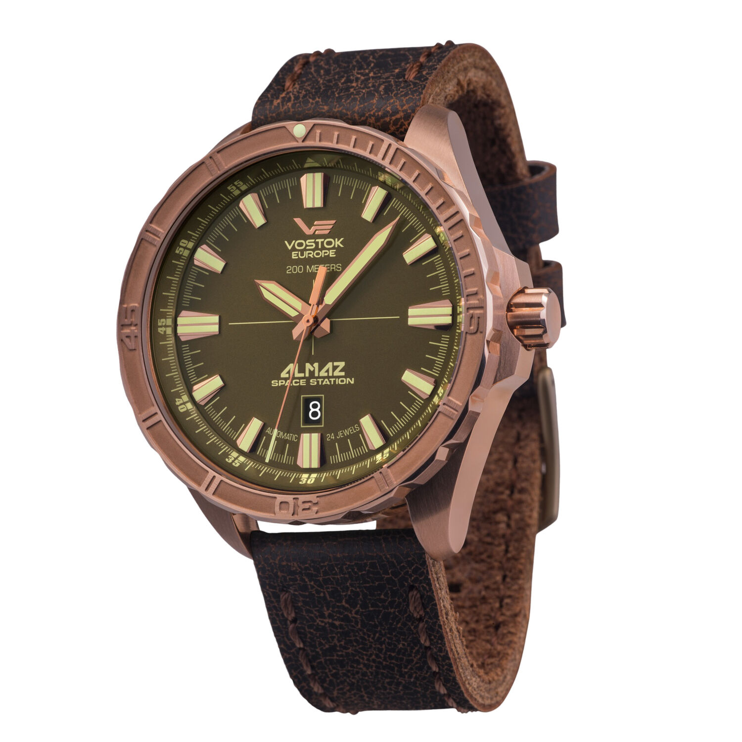 VOSTOK EUROPE Almaz Automatic Movt. 20ATM WR Bronze Plated Mens Watch with Black Leather Strap
