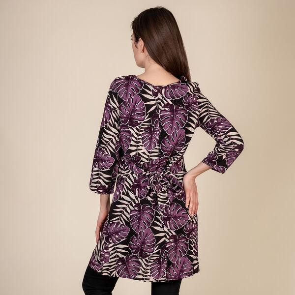 TAMSY Leaf Printed Plum Dress (Size S,8-10) - Black & Purple