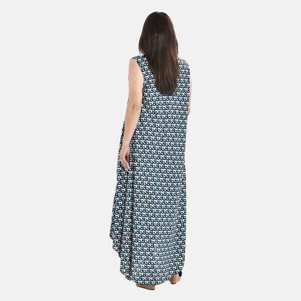 Tamsy 100% Viscose Irregular Figure Print Umbrella Dress (One Size, 8-18) - Teal Blue