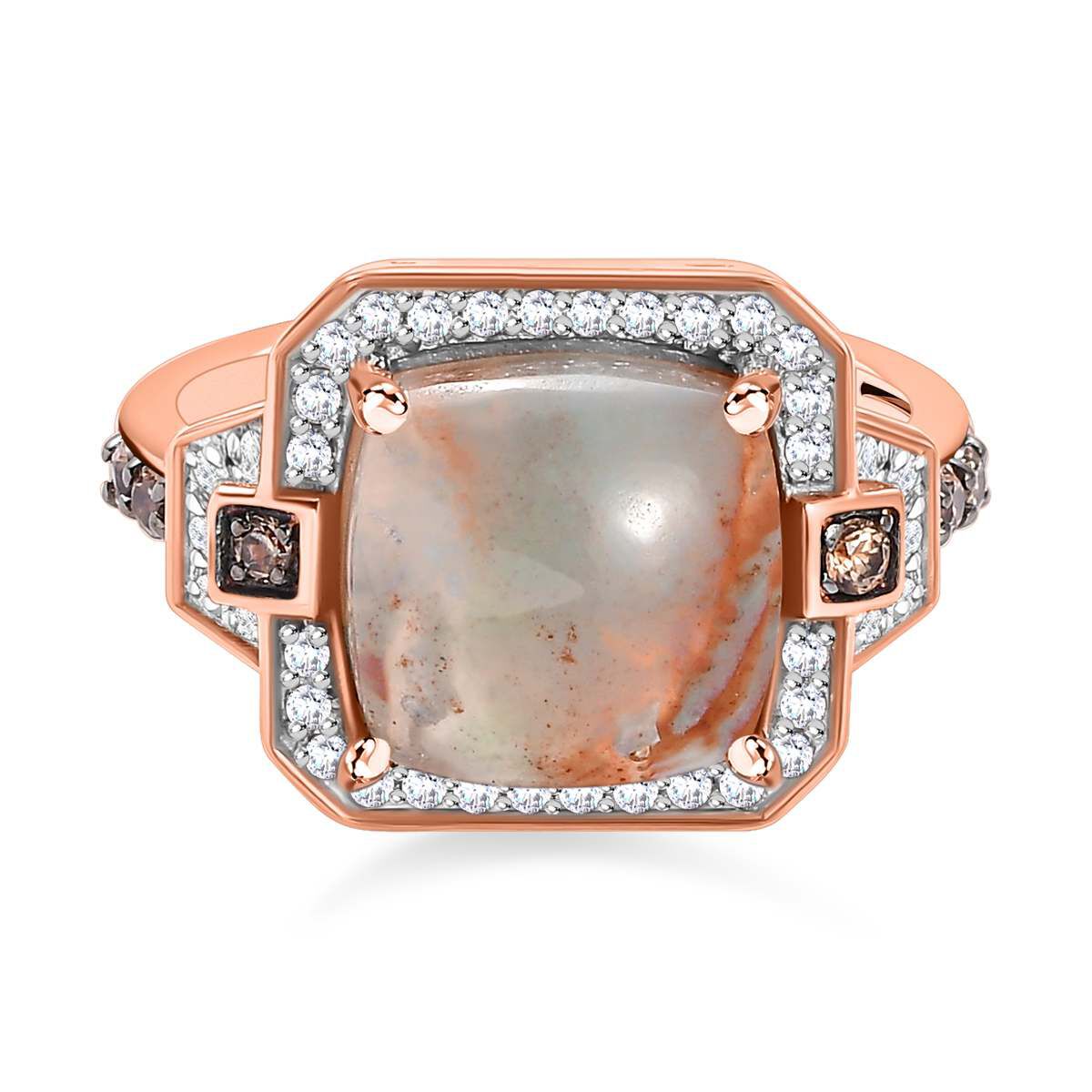 Zimbaprase, Natural White Zircon and Brown Zircon Ring in 18K Vermeil Rose Gold Plated Sterling Silv
