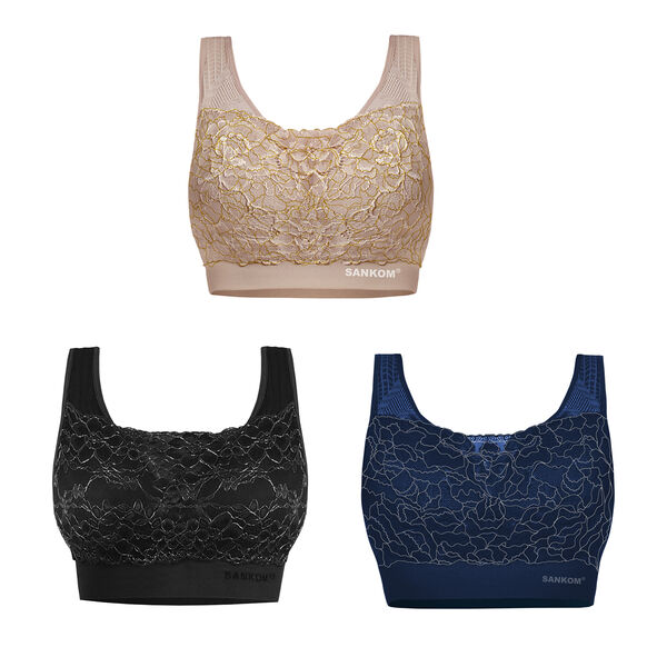 3 Piece Set - SANKOM SWITZERLAND Patent Classic with Lace Bra  (Size XS - 6) Including Black/Silver, Navy/Silver & Beige/Gold