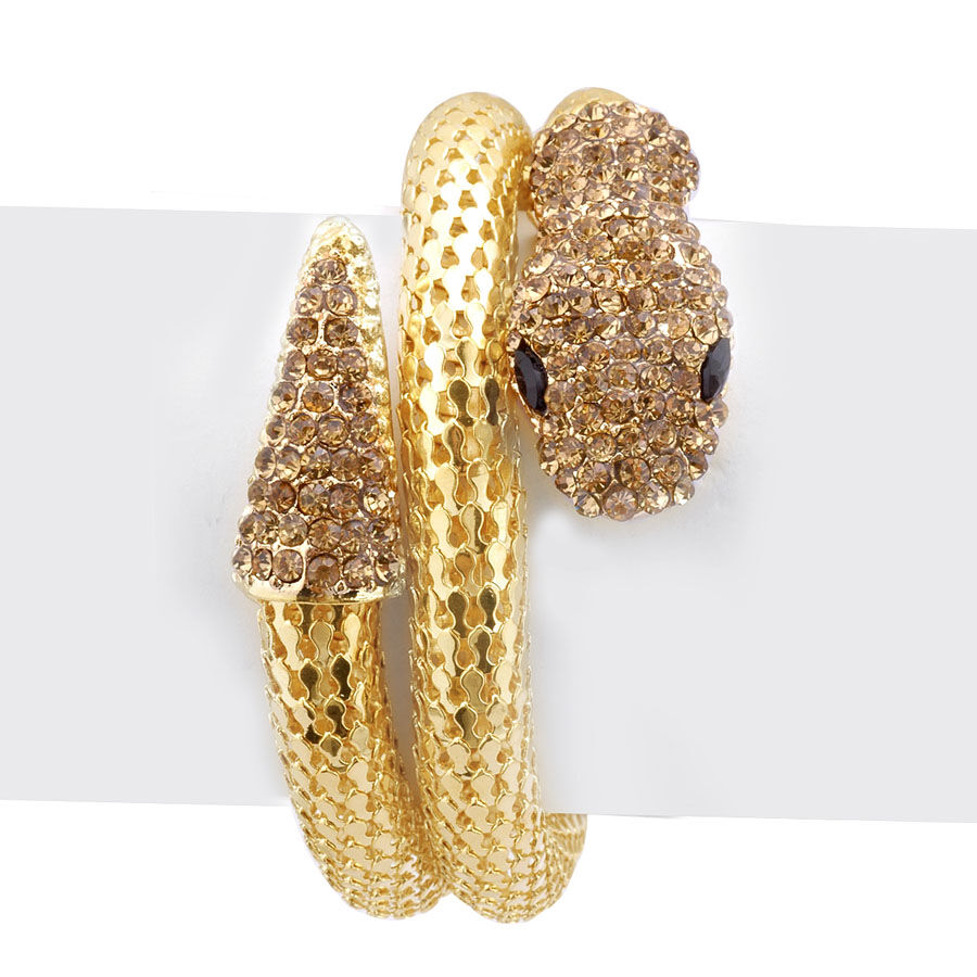 Black & Champagne Colour Austrian Crystal Snake Design Bracelet (Adjustable) in Gold Tone