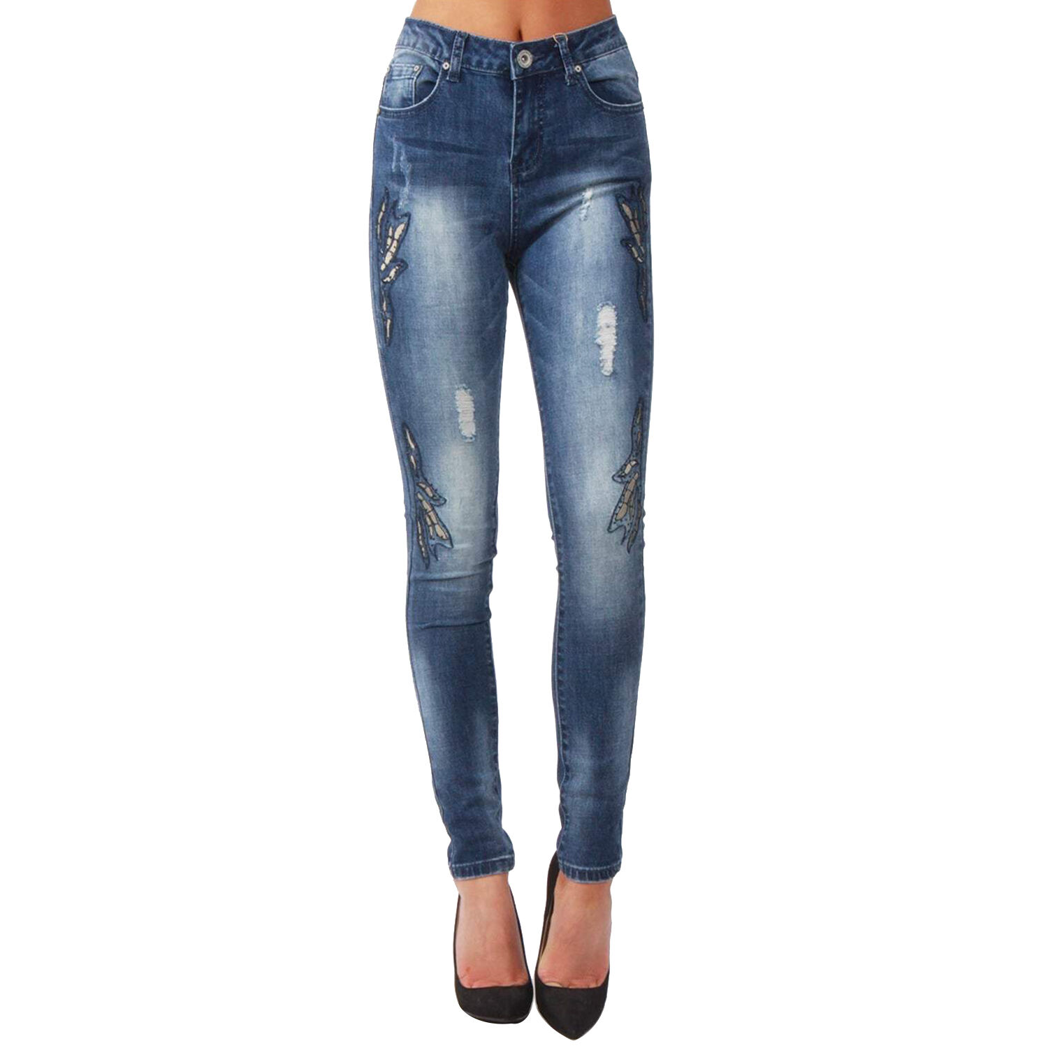Floral Leaf Embellished Mid Blue Rinse Skinny High Waist Jeans