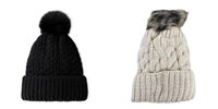 Set of Two- Chunky Cable Knit Beanie Hat with Faux Fur Pom-Pom - Black - Beige