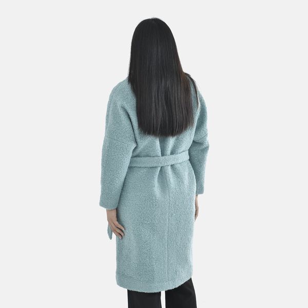 Tamsy Boucle Tie Belted Coat with 2 Side Pockets (Size S) - Aqua Blue