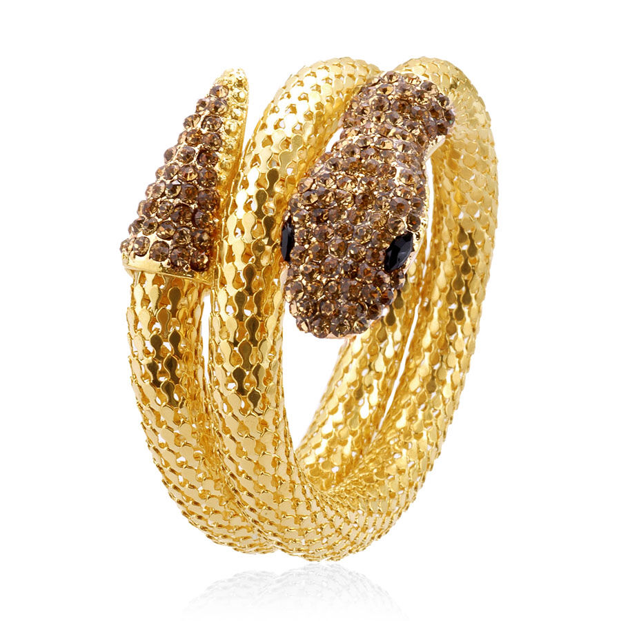 Black & Champagne Colour Austrian Crystal Snake Design Bracelet (Adjustable) in Gold Tone