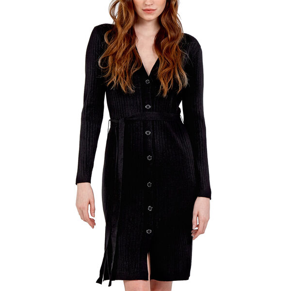 Nova of London Ribbed Long Button Up Cardigan with Tie Wrap in Black (Size S-M)