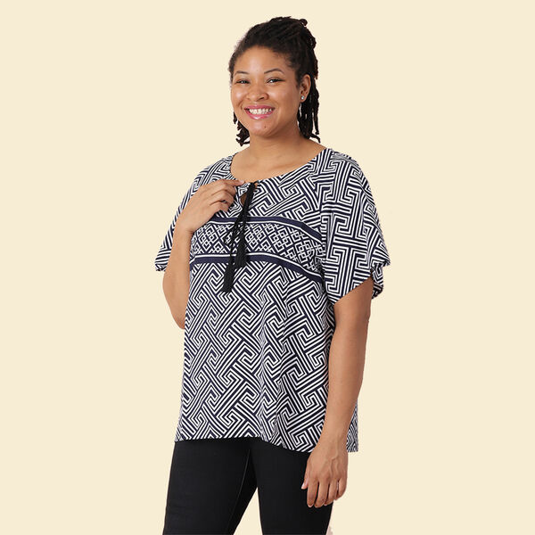 JOVIE Viscose Fret Pattern Short Sleeved Woven Print Top with Tassel (Size S - 8-10) - White & Navy