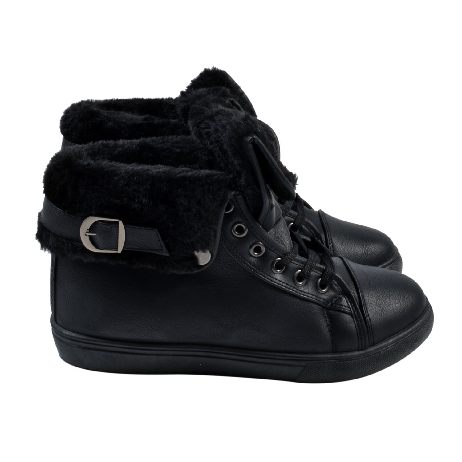 Womens Flat Faux Fur Lined Grip Sole Winter Ankle Boots - Black