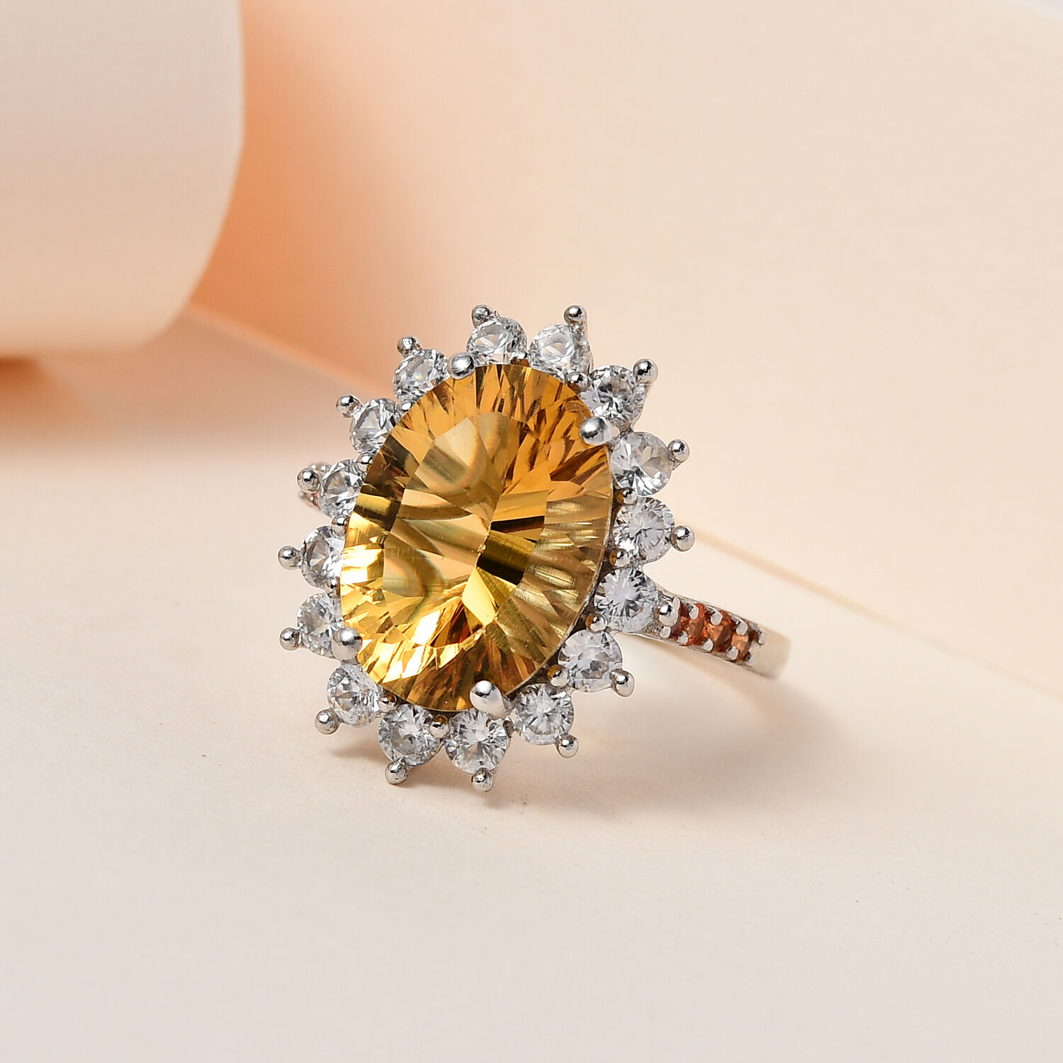 Citrine, Orange Sapphire & Natural Zircon Ring in Platinum Overlay Sterling Silver 7.26 Ct.