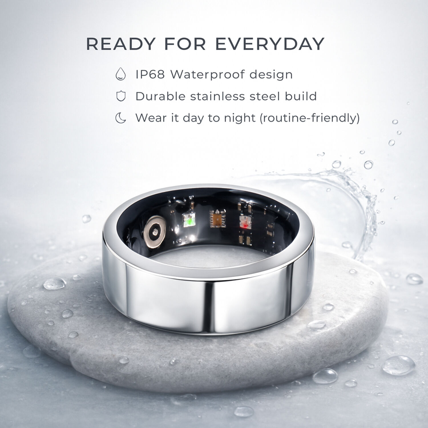 Soul Smart V1 Smart Ring - Stainless Steel Fitness Tracker with Heart Rate, SpO2, Sleep Monitor, Bluetooth 5.1, IP68 Waterproof, Magnetic Charging